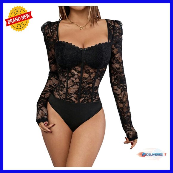 Floral Lace Sheer Long Sleeve V Neck Corset Bodysuit Club Wear
